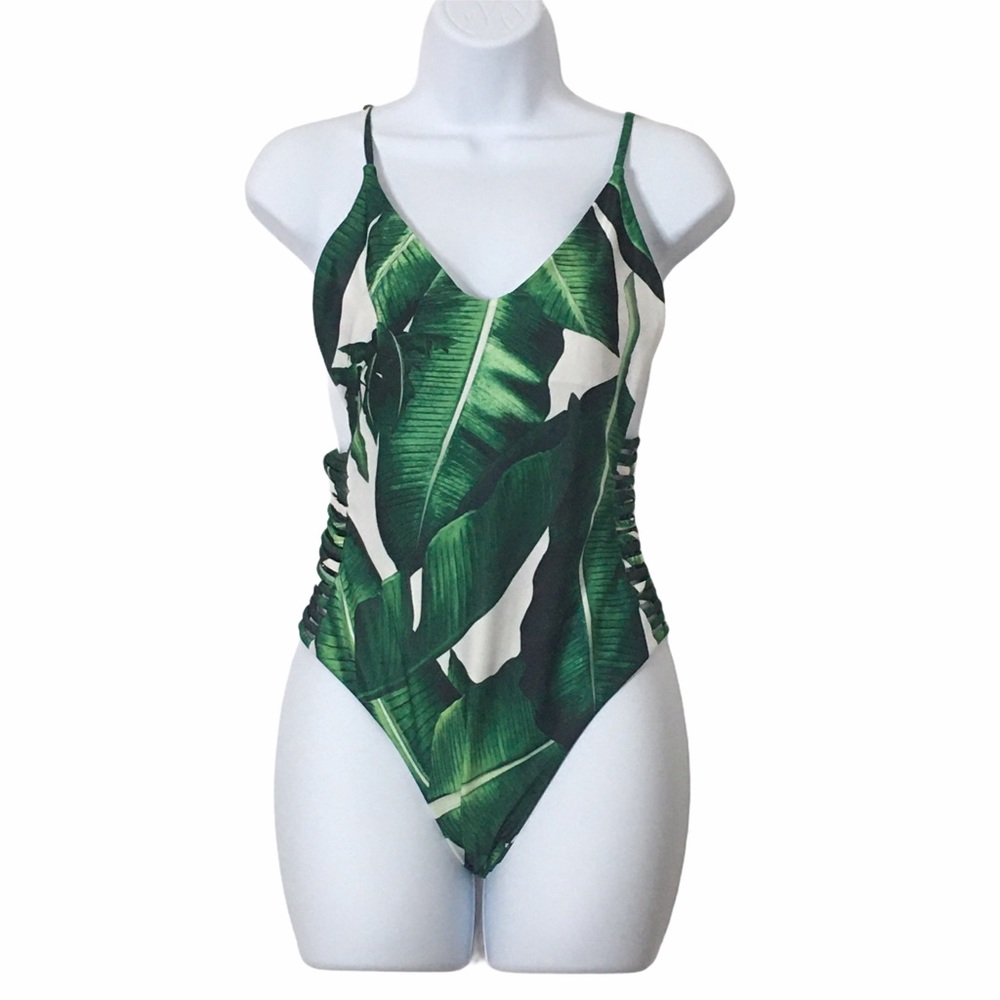 PALM LEAF Tropical V Neck 1Pc Criss Cross Swim Sz M
